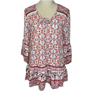 Sunny Leigh Golden Red Floral Peasant Boho Long Sleeve Tunic Blouse Size Sm
